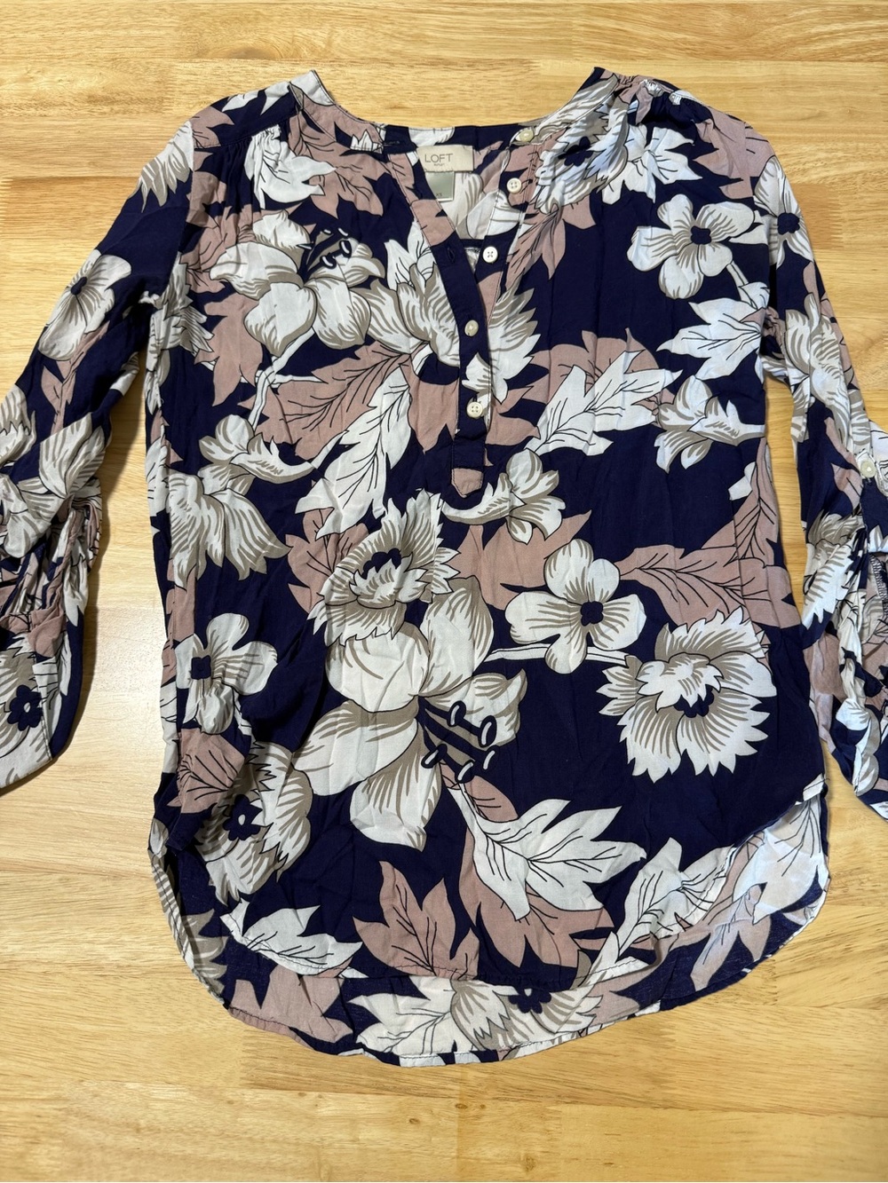 LOFT Navy Floral Henley Blouse with Cream and Tan Blooms